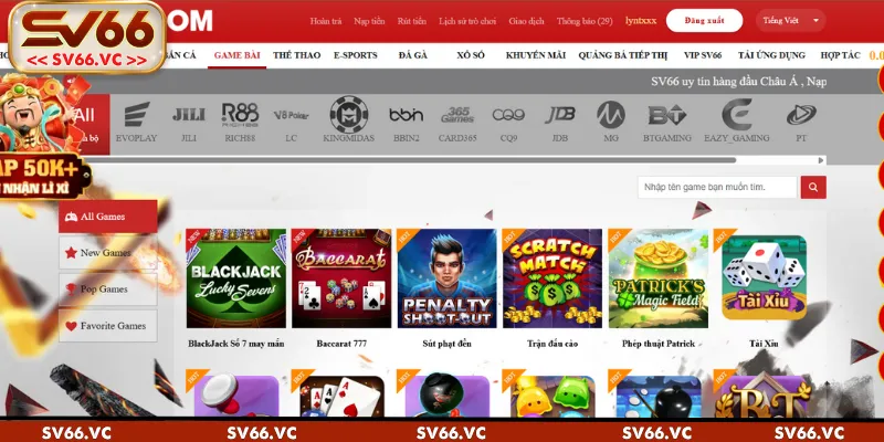 Giao diện sảnh game bài SV66 được thiết kế khoa học dễ sử dụng